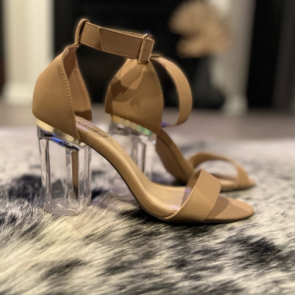 Bonnibel Tan and Cream Heels with Clear Acrylic Heel